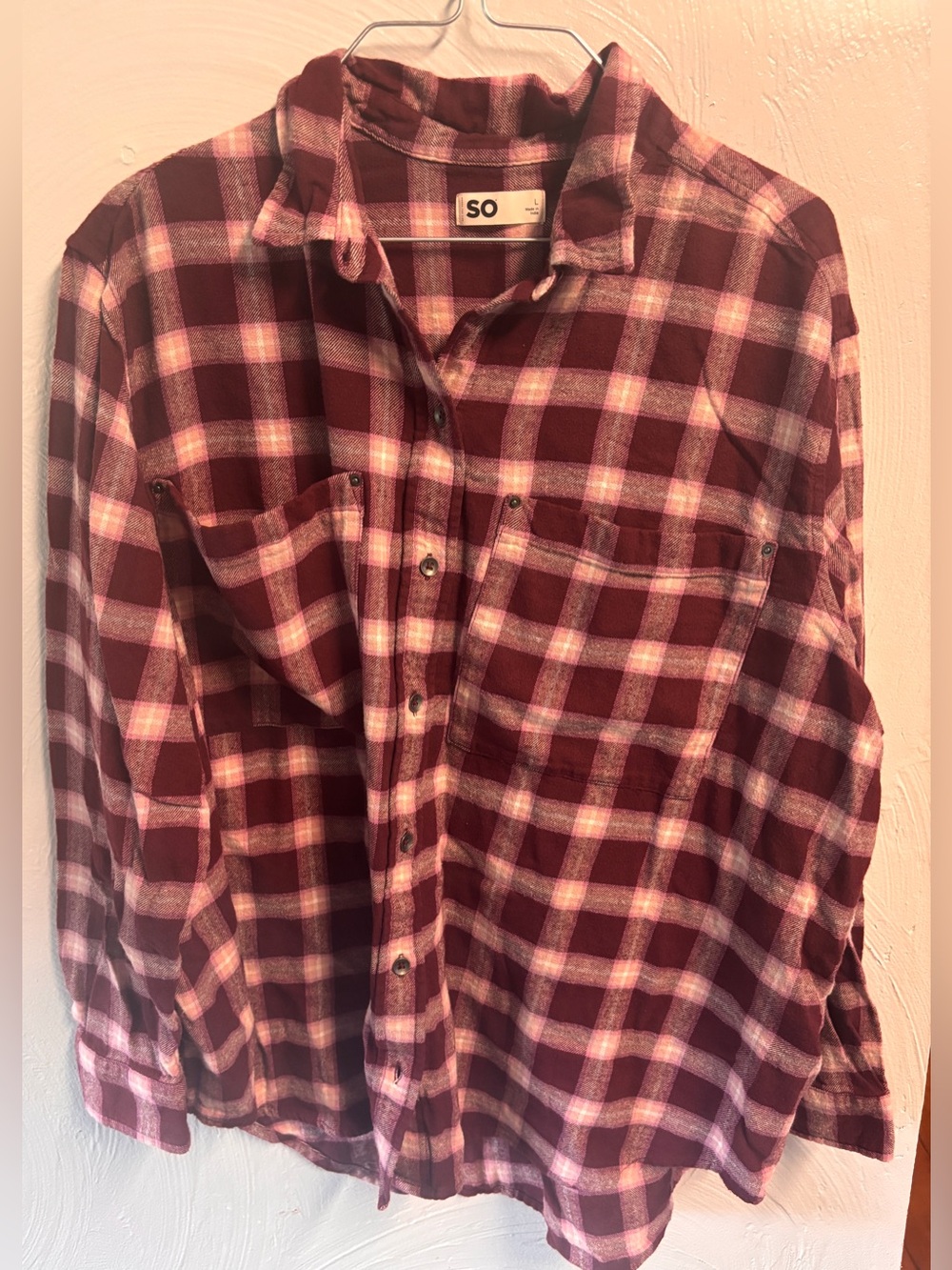 SO Womens Maroon and White Plaid Button-Down Shirt